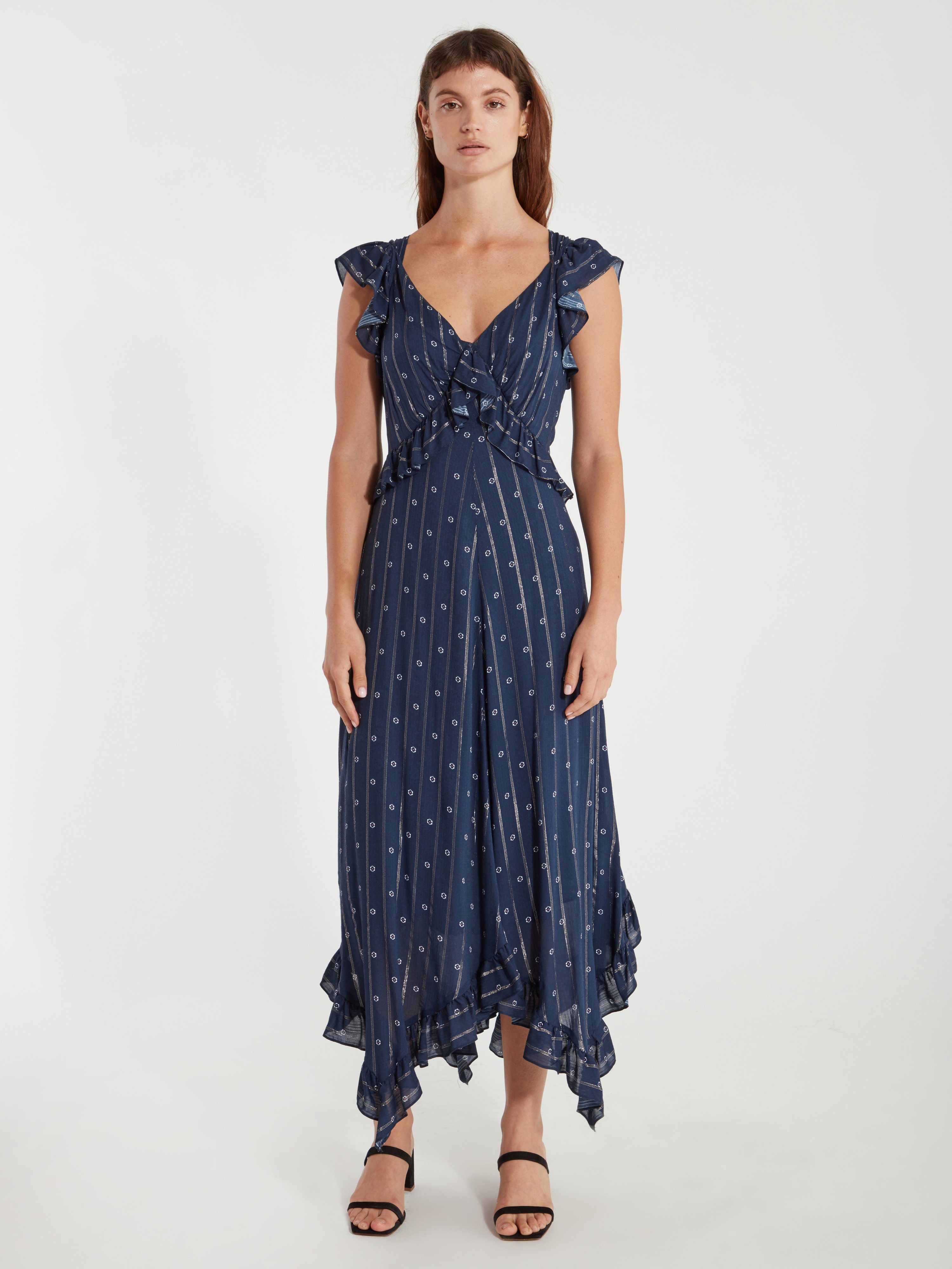 Icons Objects Of Devotion The Day Ruffle Midi Dress In Navy White Indian Dot
