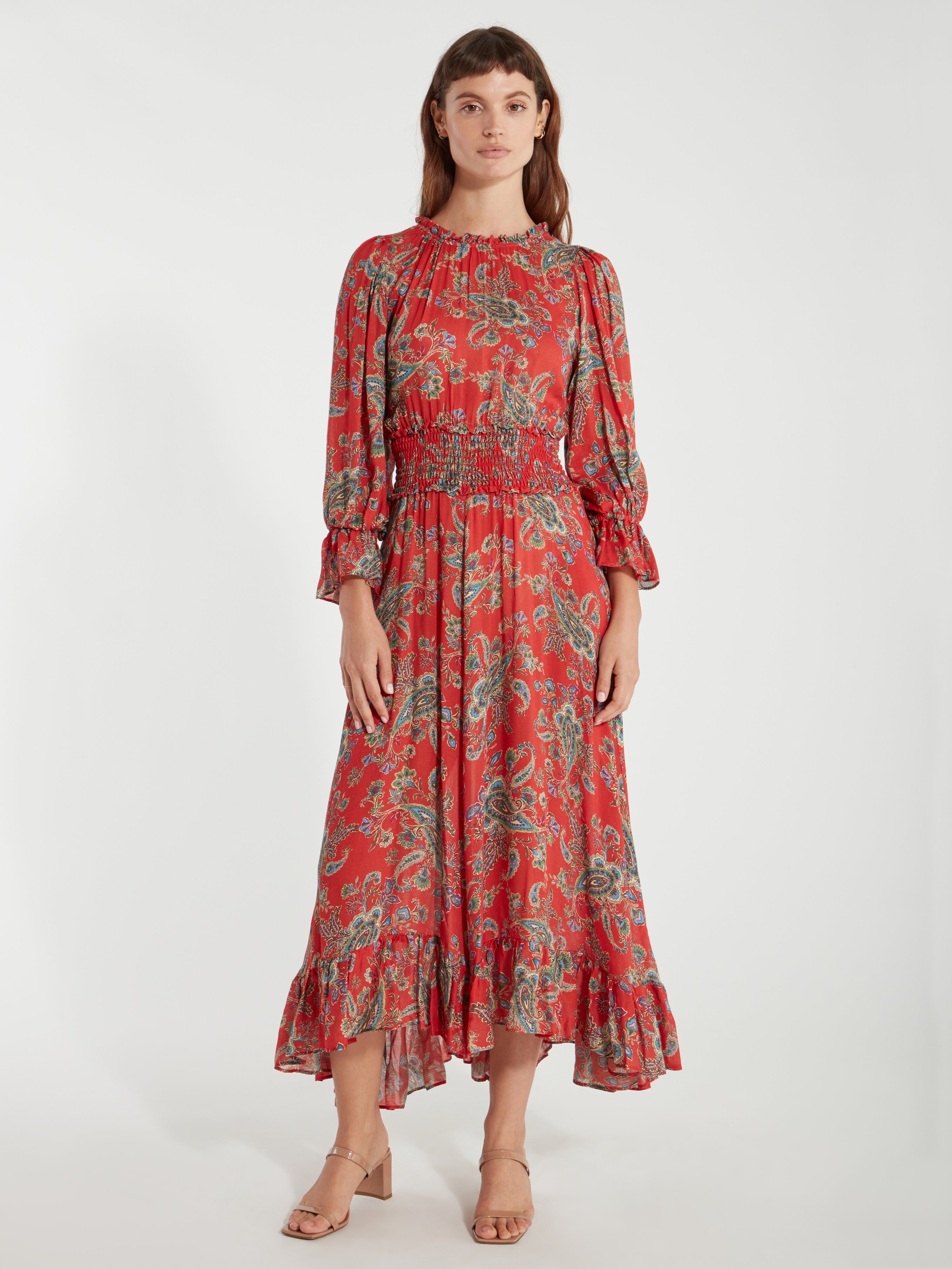 Icons Objects Of Devotion The Long Peasant Midi Dress In Red Paisley