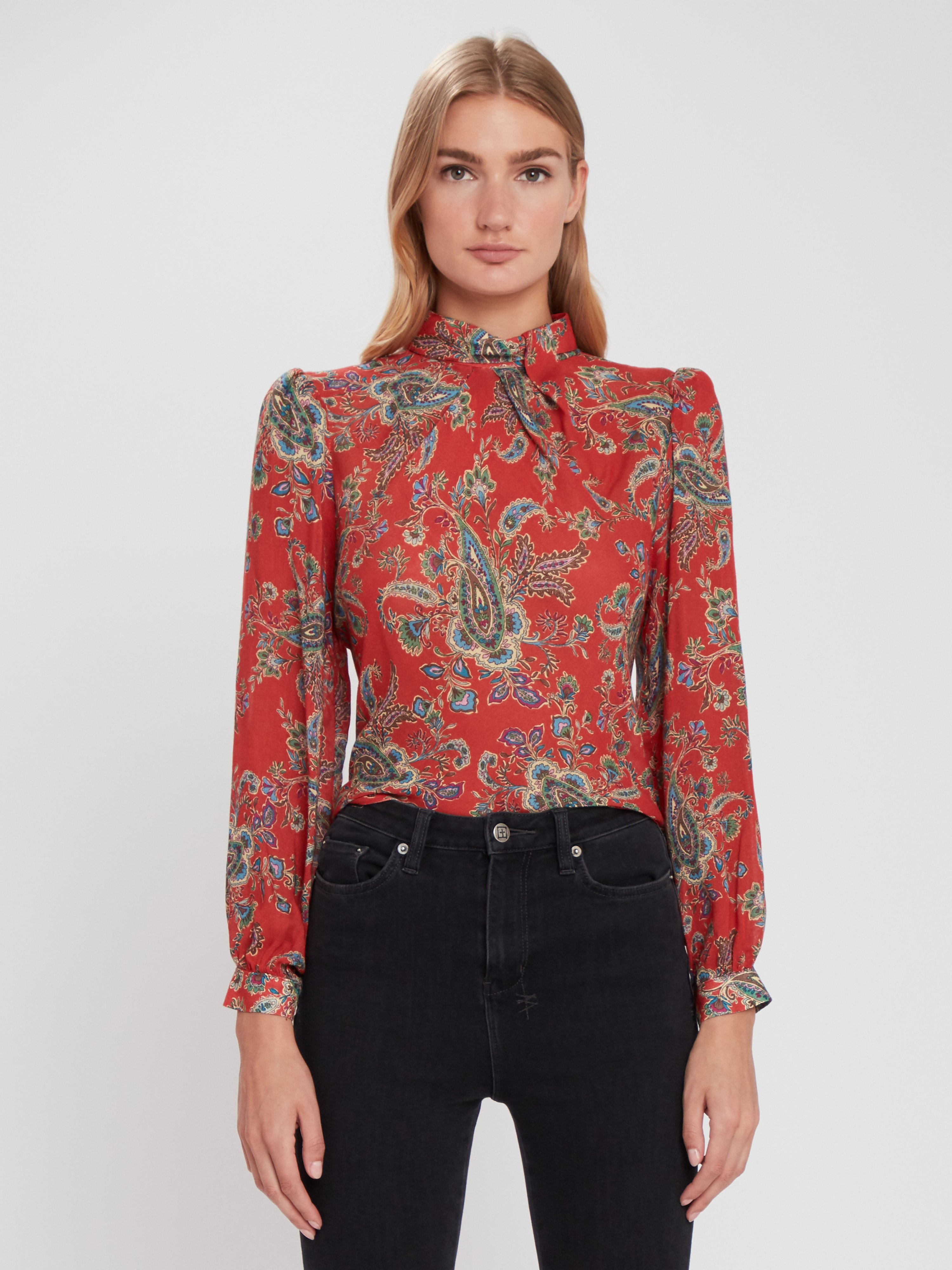 Icons Objects Of Devotion The Tess Mcgill Mock Neck Blouse In Red Paisley