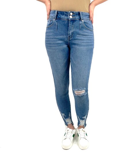 Indigo Poppy Medium Wash Distressed Skinny Jeans With Distressed Hem product