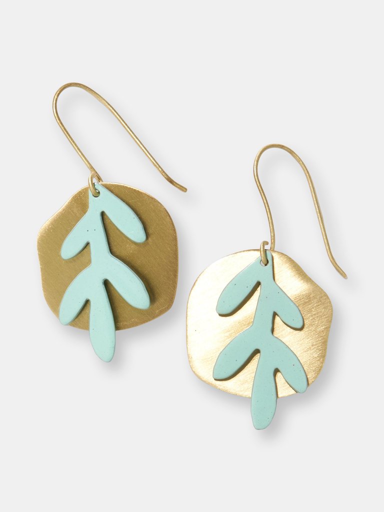 MATTE BRASS ORGANIC CIRCLE WITH MINT LEAF CHARM EARRINGS - Mint