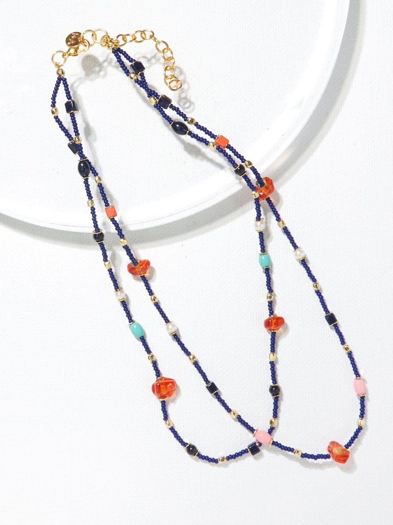 NAVY DOUBLE STRAND MIX BEAD NECKLACE WITH EXTENSION - Navy
