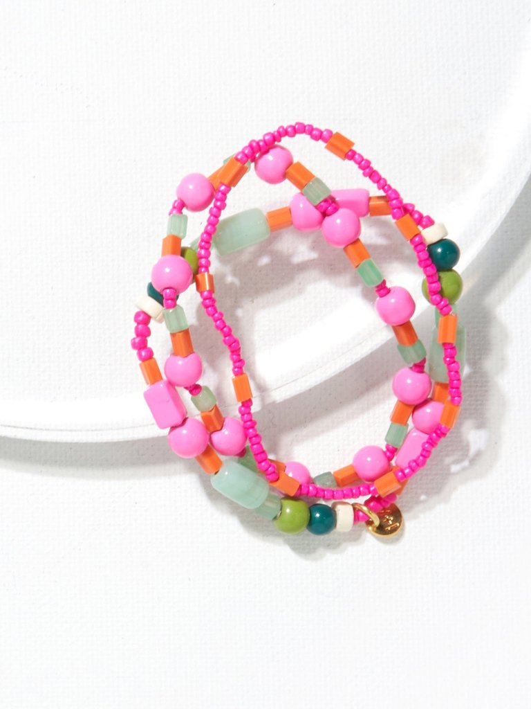 PINK GREEN MIX TRIO OF BEADED STRETCH BRACELETS - Pink