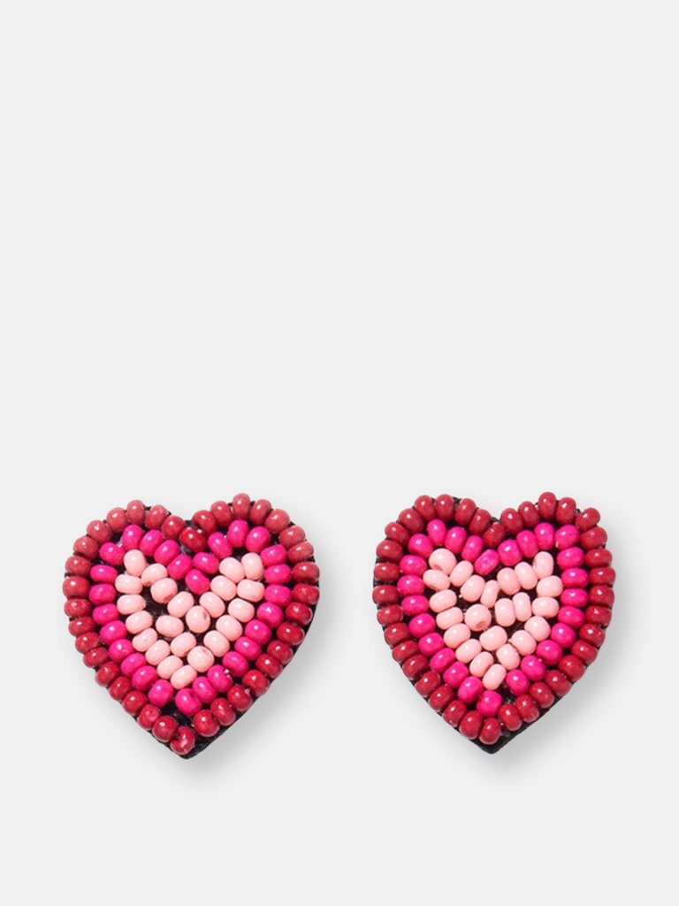 RED HOT PINK HEART SEED BEAD POST EARRINGS - Red hot pink