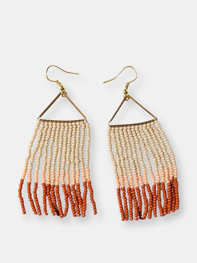 RUST PINK IVORY COLOR BLOCK FRINGE ON TRIANGLE EARRINGS - Rust pink ivory
