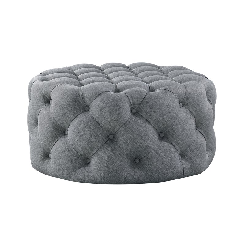 Inspired Home Alzbeta Linen Allover Tufted Round Cocktail Ottoman In Grey