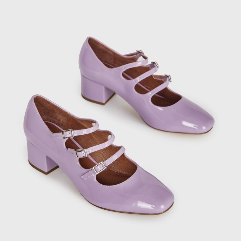 Intentionally Blank Triple-strap Mary Jane Heels In Purple