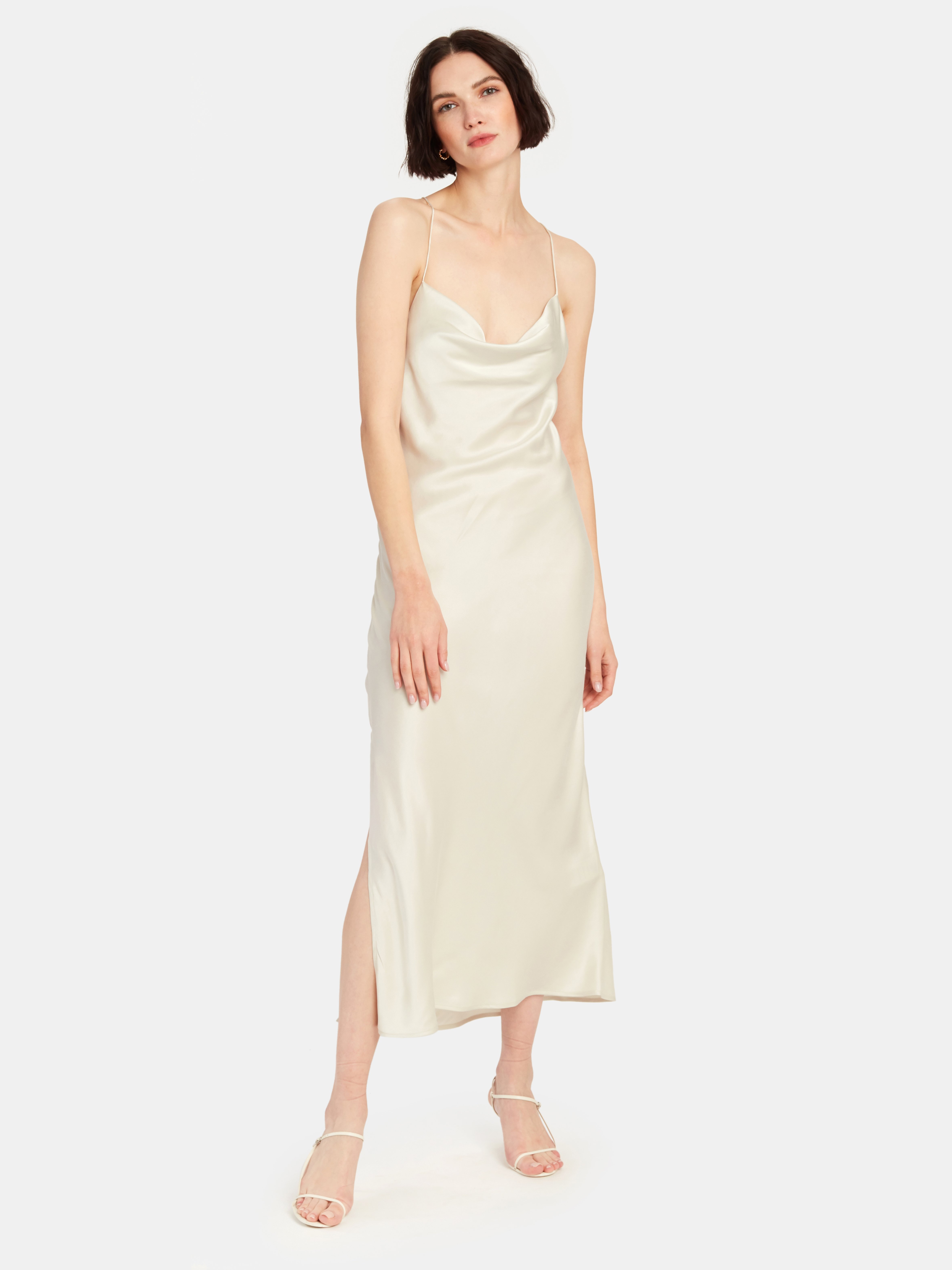 cowl neck silk midi dress