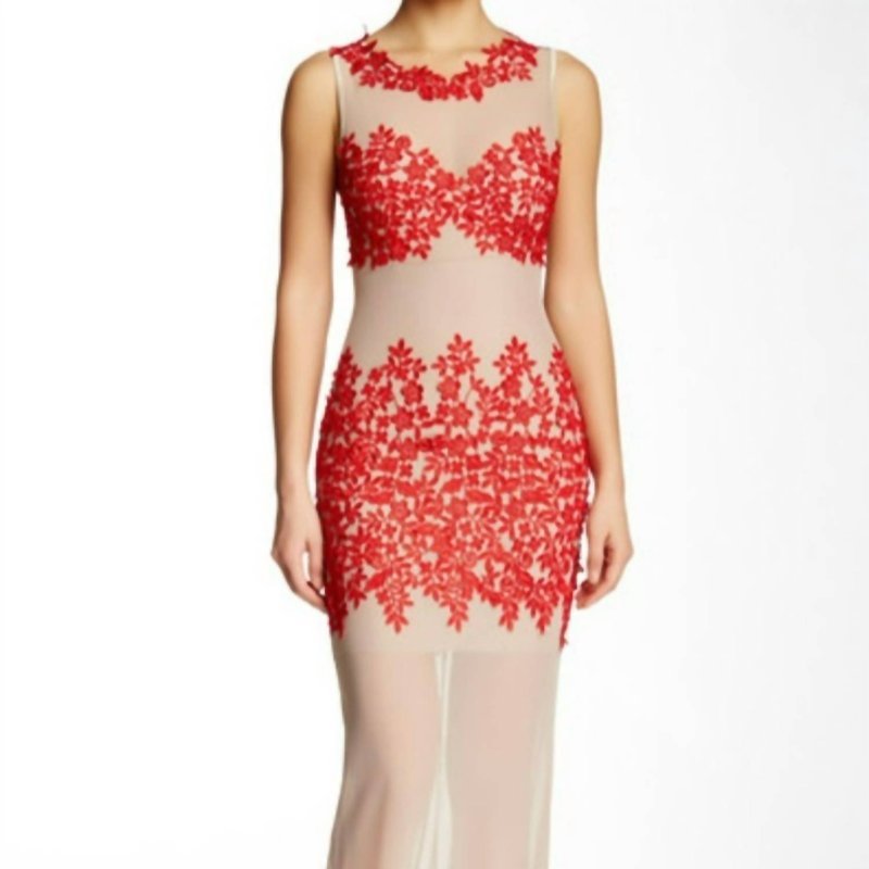 Shop Issue New York Illusion Gown In Red, Beige