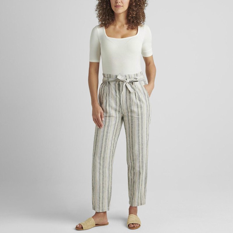 Shop Jag Belted Pleat High Rise Tapered Leg Pant In Linen Stripe In Grey