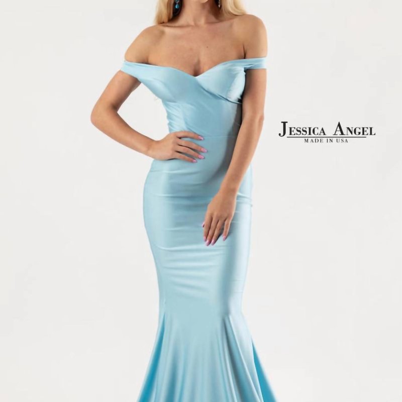 Shop Jessica Angel Off The Shoulder Evening Gown In Blue