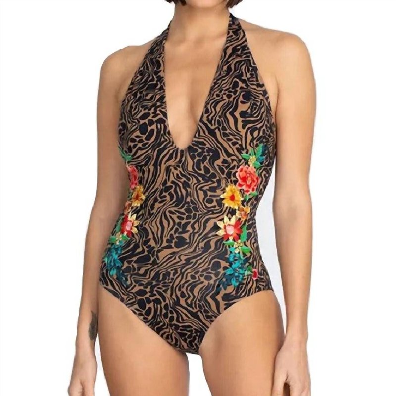 Shop Johnny Was Halter Embroidered Onepiece Swimsuit In Brown