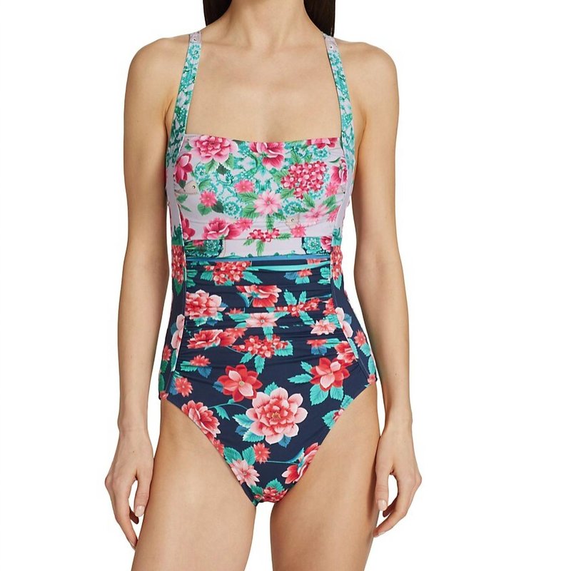 Shop Johnny Was Japer Ruched One Piece Swimsuit In Blue