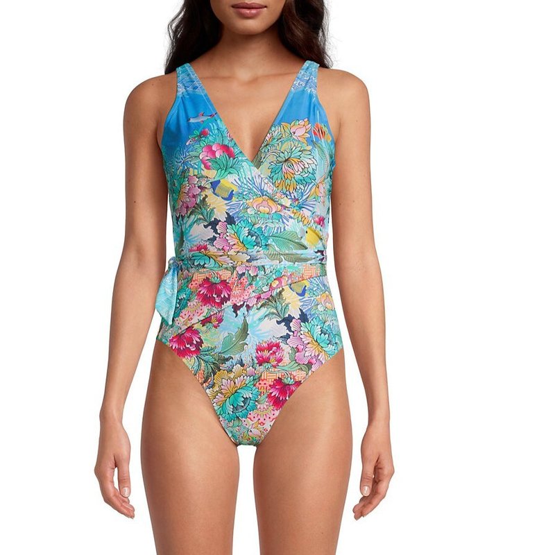 Shop Johnny Was Mixi One Piece Multi Color Swimsuit Wrap Style In Blue