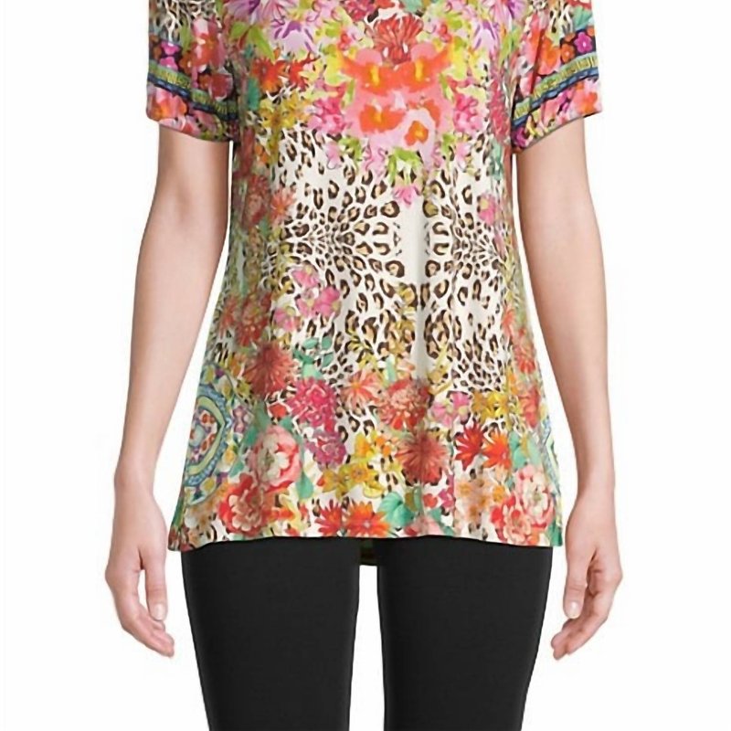 Shop Johnny Was Wild Garden Printed Puff-sleeve Flared T-shirt In Red