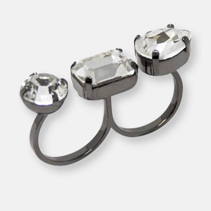 Joomi Lim Double Finger Ring W/ 3 Crystals In Ruthenium/crystal