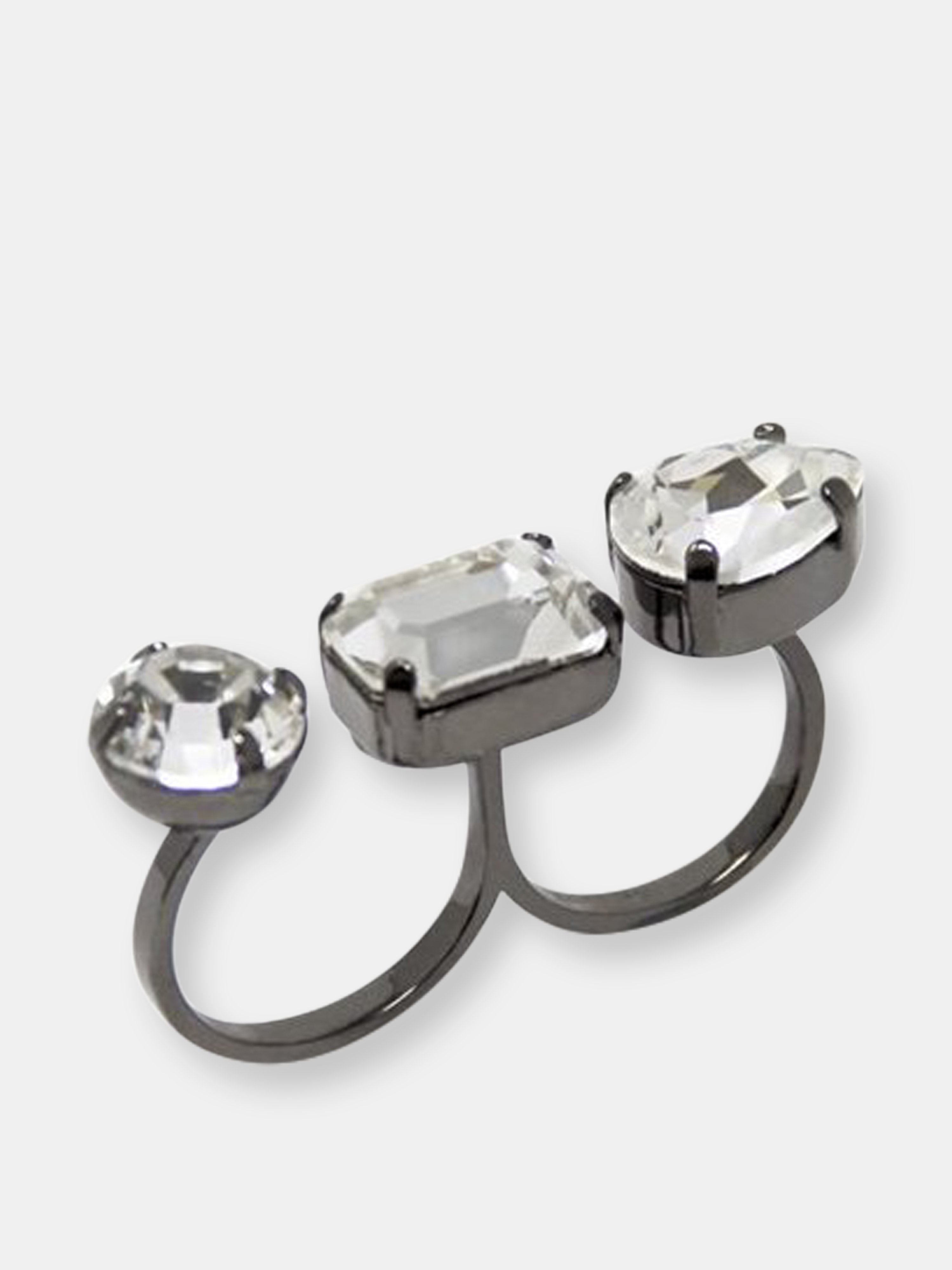 Joomi Lim Double Finger Ring W/ 3 Crystals In Grey