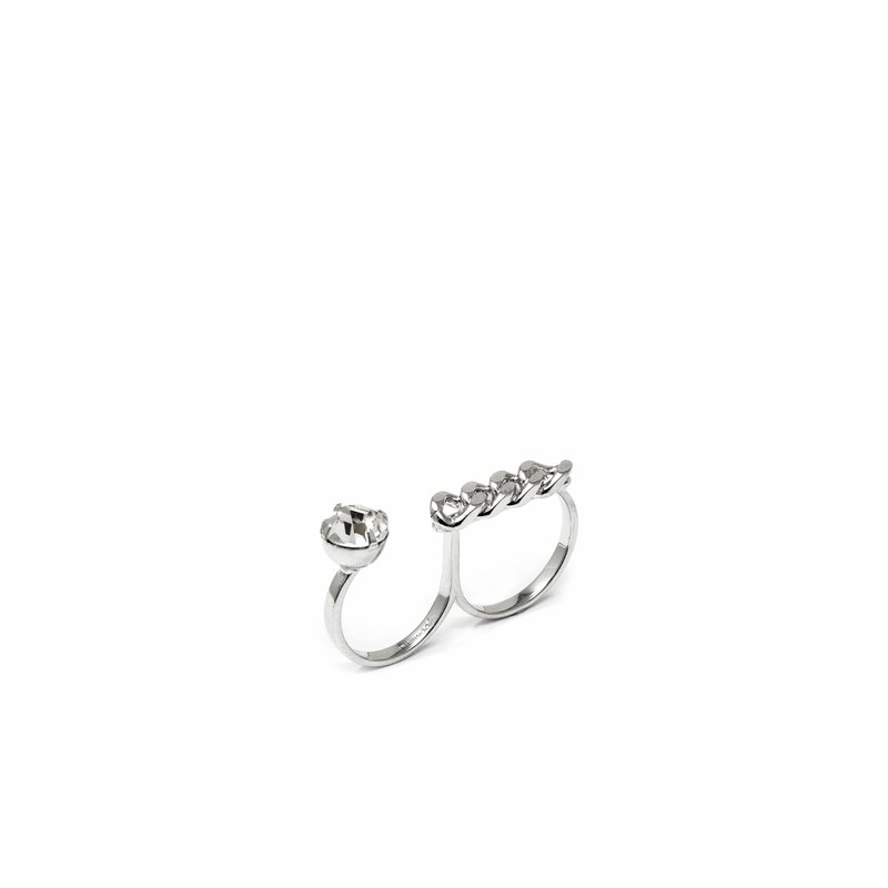 Joomi Lim Double Finger Ring W/ Crystal & Chain In Grey