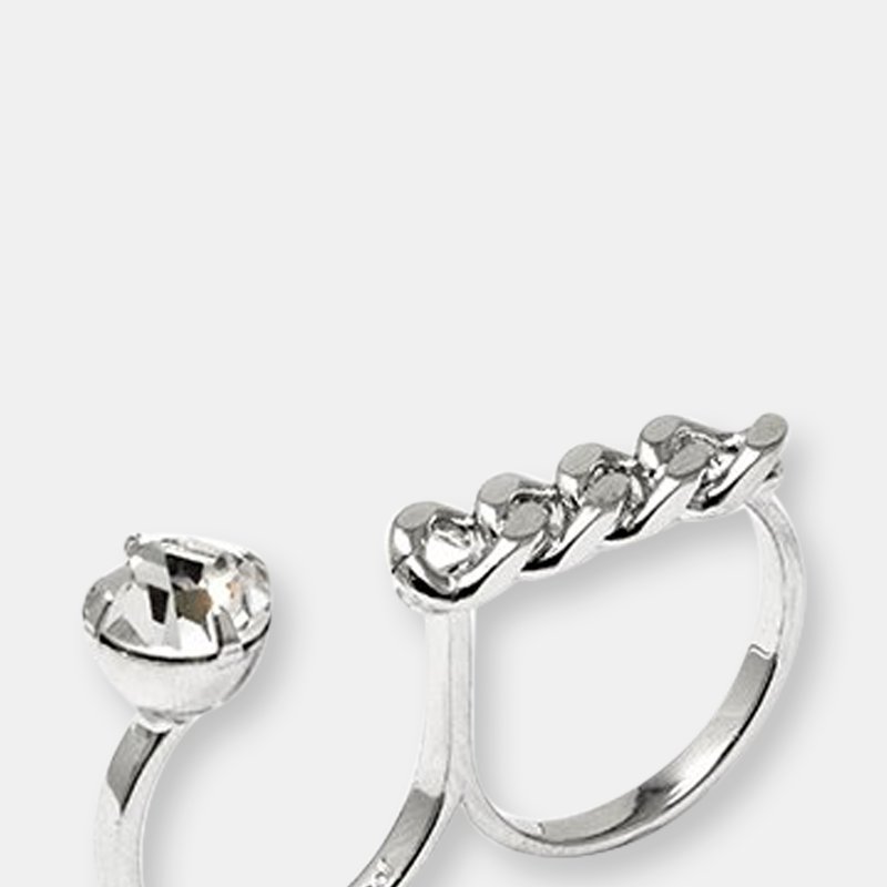 Joomi Lim Double Finger Ring W/ Crystal & Chain In Rhodium/crystal