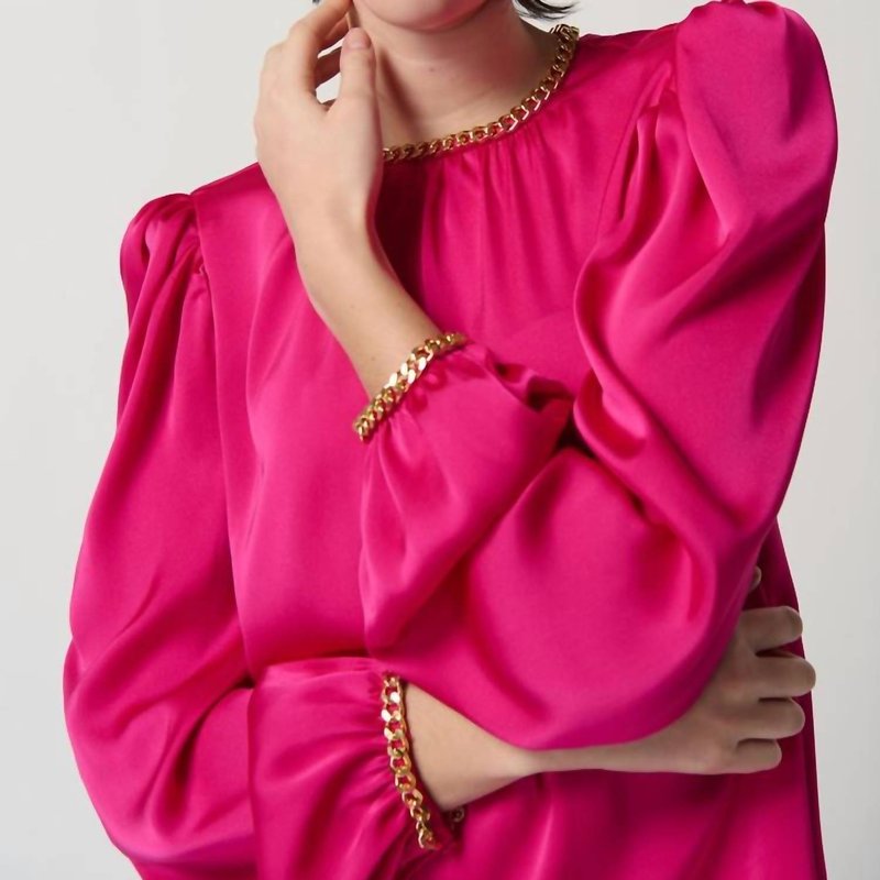 Shop Joseph Ribkoff Satin Puff Sleeve Top With Gold Chain In Pink