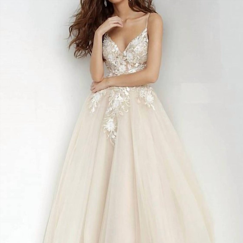 Jovani Plunging Neckline Flower Appliques Prom Gown In Champagne In Brown