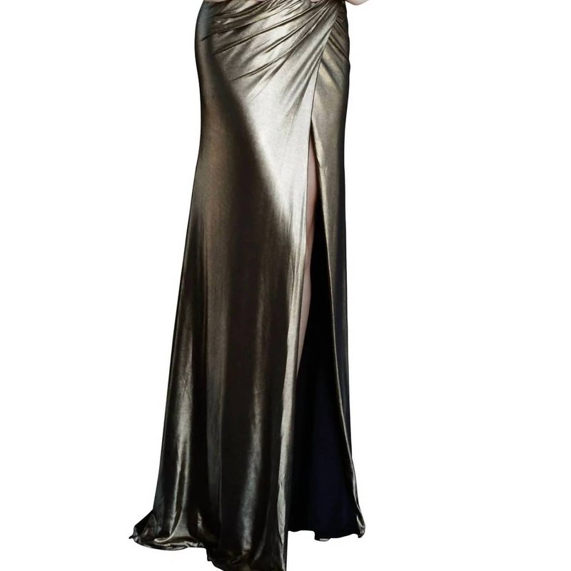 Shop Jovani Ruched Evening Gown In Gold