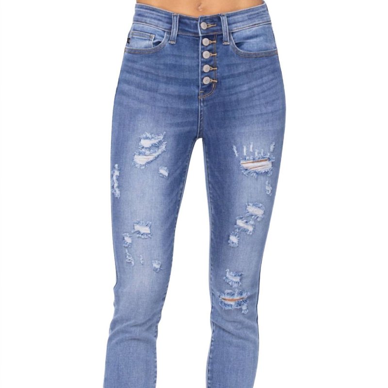 Judy Blue Button Fly Destroyed High Waist Skinny Jean In Blue