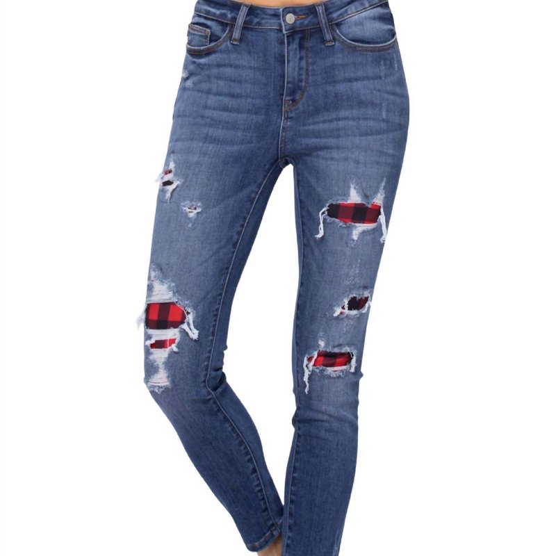 Shop Judy Blue Destroyed Buffalo Plaid Patch Skinny Jean In Blue