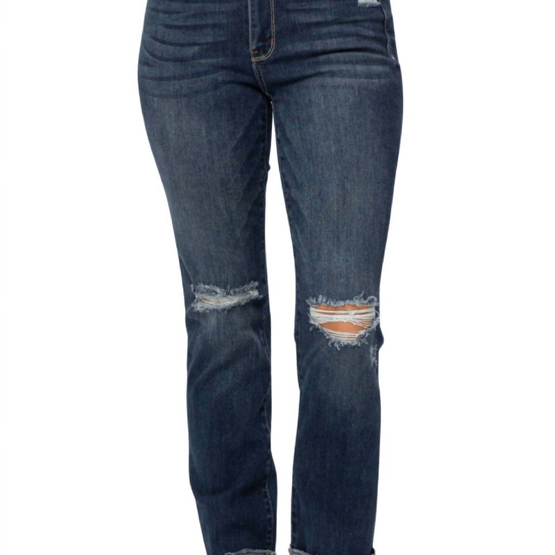 Shop Judy Blue Destroyed Cuffed Straight Leg Jeans In Blue