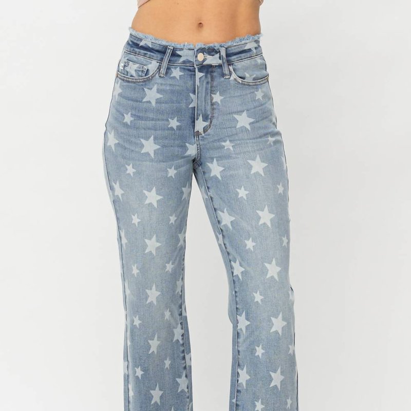 Judy Blue High Waist Star Print Cropped Straight Jeans In Blue