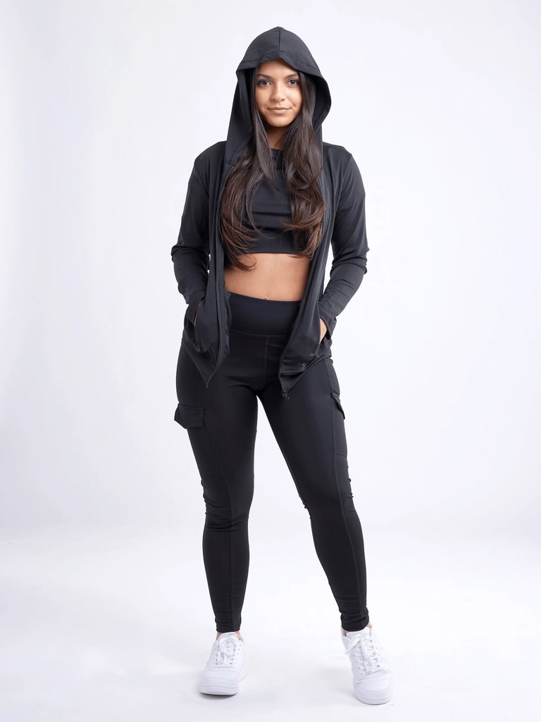 Athletic Fitted Zip-Up Hoodie Jacket with Pockets - Black