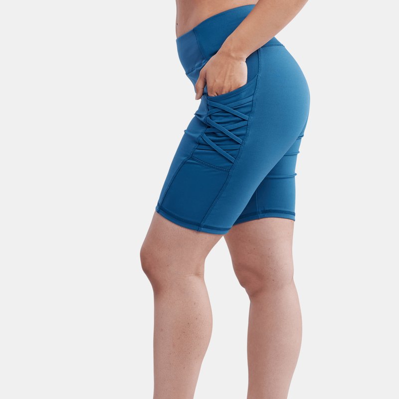 Jupiter Gear High-waisted Workout Shorts With Pockets & Criss Cross Design In Denim Blue