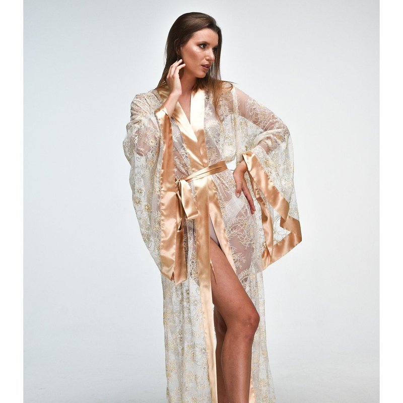 Kâfemme Florence Long Sheer Sexy Lace Robe In Gold