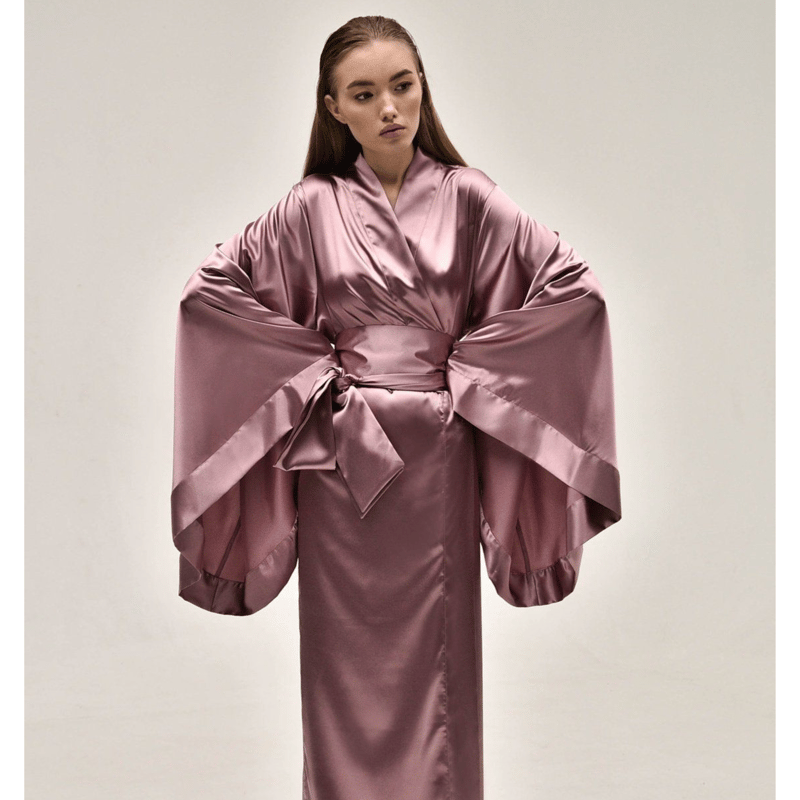 Kâfemme Lilac Long Satin Kimono Robe In Purple