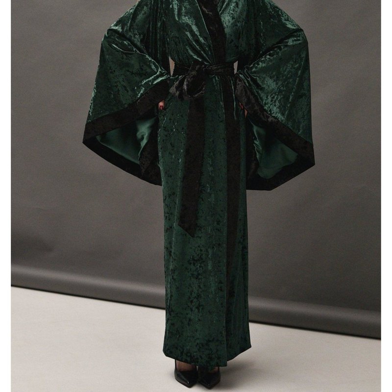 Kâfemme Long Crushed Velvet Kimono Robe- Green