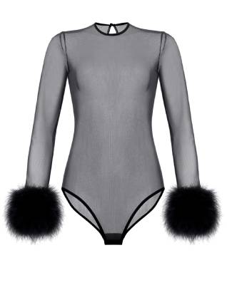 Kâfemme Mesh Black Sheer Sexy Bodysuit With Feather