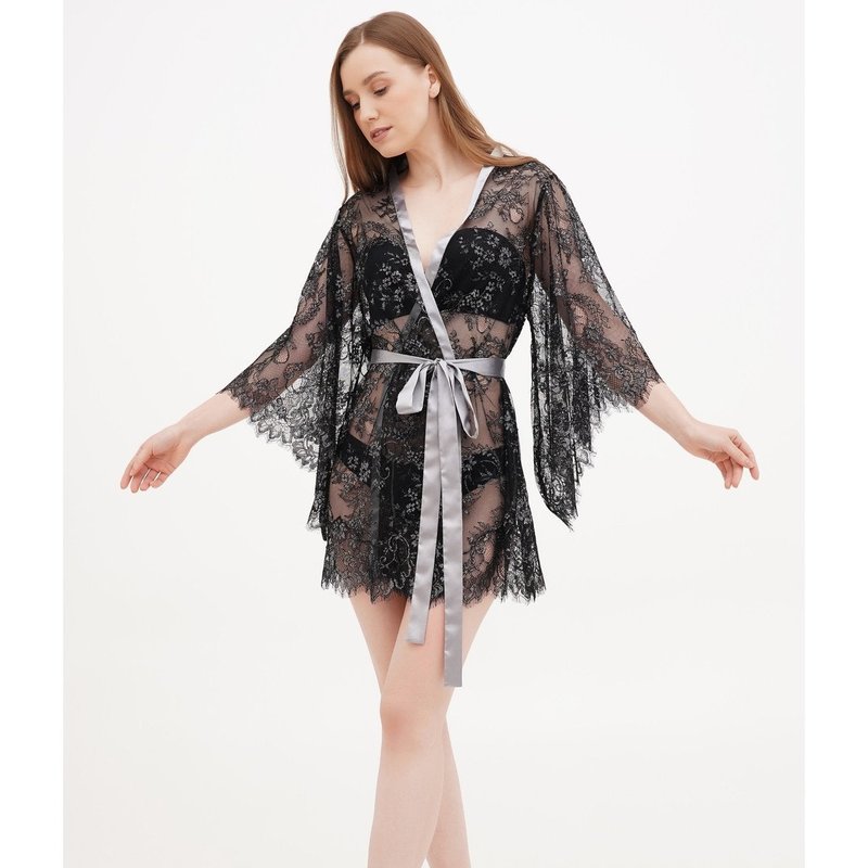 Kâfemme Seducer Sexy Sheer Lace Kimono Robe In Black