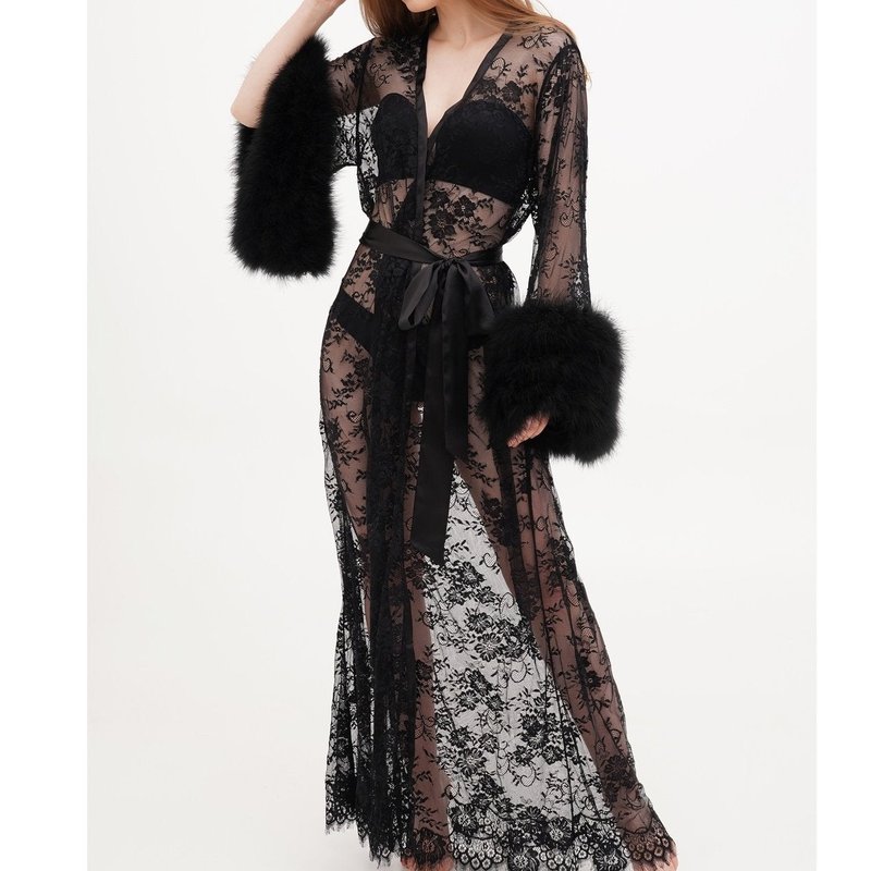 Kâfemme Sophie Sheer Long Lace Old Hollywood Robe In Black