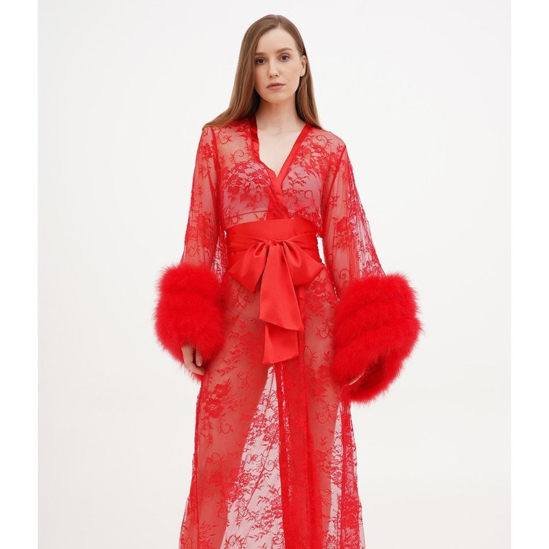 Kâfemme Sophie Sheer Long Lace Old Hollywood Robe In Red