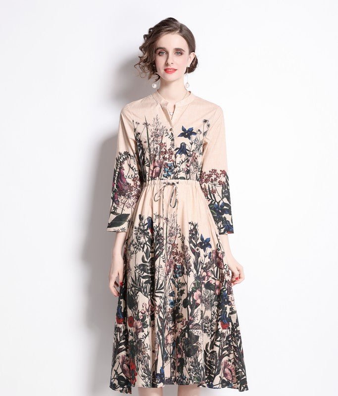 Kaimilan Apricot And Floral Print Day A-line V-neck Bishop Long Sleeve Maxi Dress In Brown