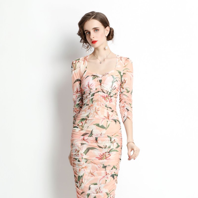Kaimilan Apricot And Floral Print Сocktail And Party Fitted Sweetheart Neck Elbow Sleeve Midi Floral Dress In Pink