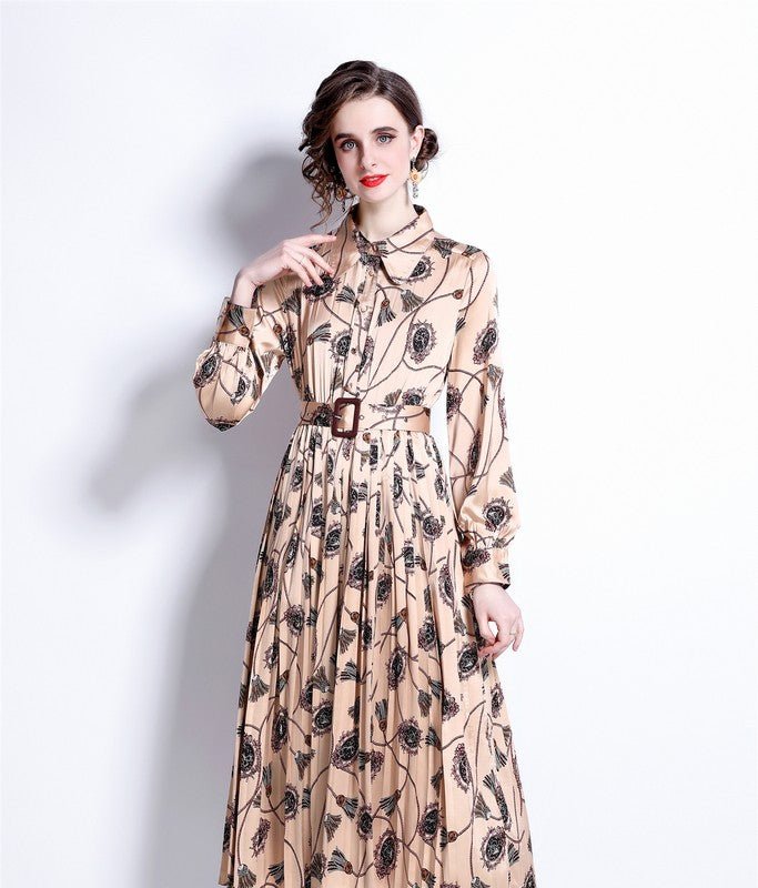 Kaimilan Apricot And Print Day A-line Long Sleeve Below Knee Dress In Brown