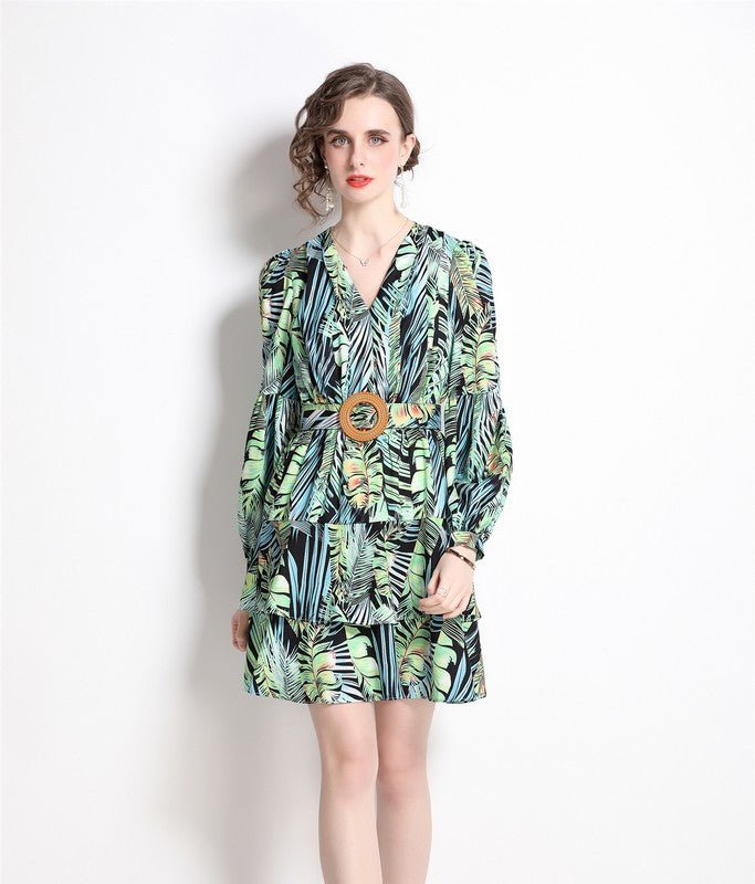 Shop Kaimilan Black And Green Floral Print Day A-line V-neck Long Sleeve Short Dress