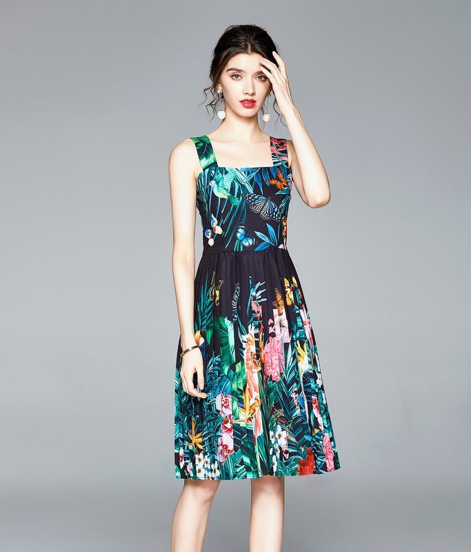 Kaimilan Black And Multicolor Print A-line Off The Shoulder Strap Knee Printed Dress