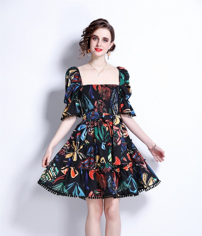 Kaimilan Black And Multicolor Print Day A-line Squareneck Elbow Sleeve Above Knee Dress