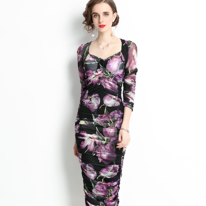 Kaimilan Black And Purple Сocktail And Party Fitted Sweetheart Neck Elbow Sleeve Midi Floral Dress