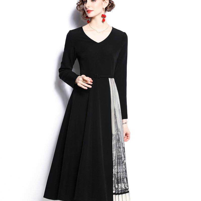 Kaimilan Black And White Office A-line V-neck Long Sleeve Below Knee Dress