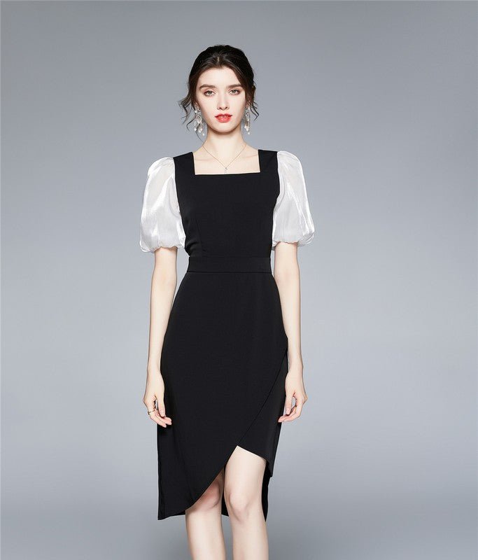 KAIMILAN BLACK AND WHITE OFFICE FITTED SQUARENECK SHORT SLEEVE ABOVE KNEE DRESS
