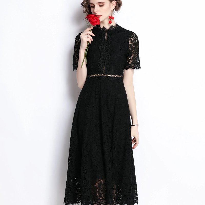 Shop Kaimilan Black Evening A-line Crewneck Short Sleeve Midi Lace Dress