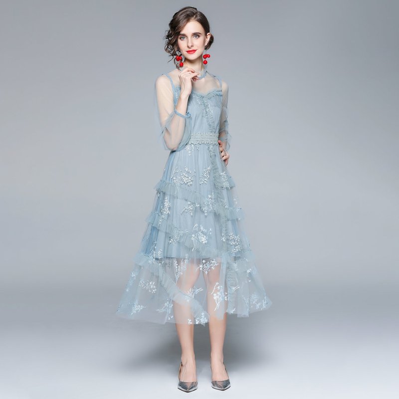 Kaimilan Gray Blue Evening Lace Ruffled A-line Crewneck Long Sleeve Midi Dress